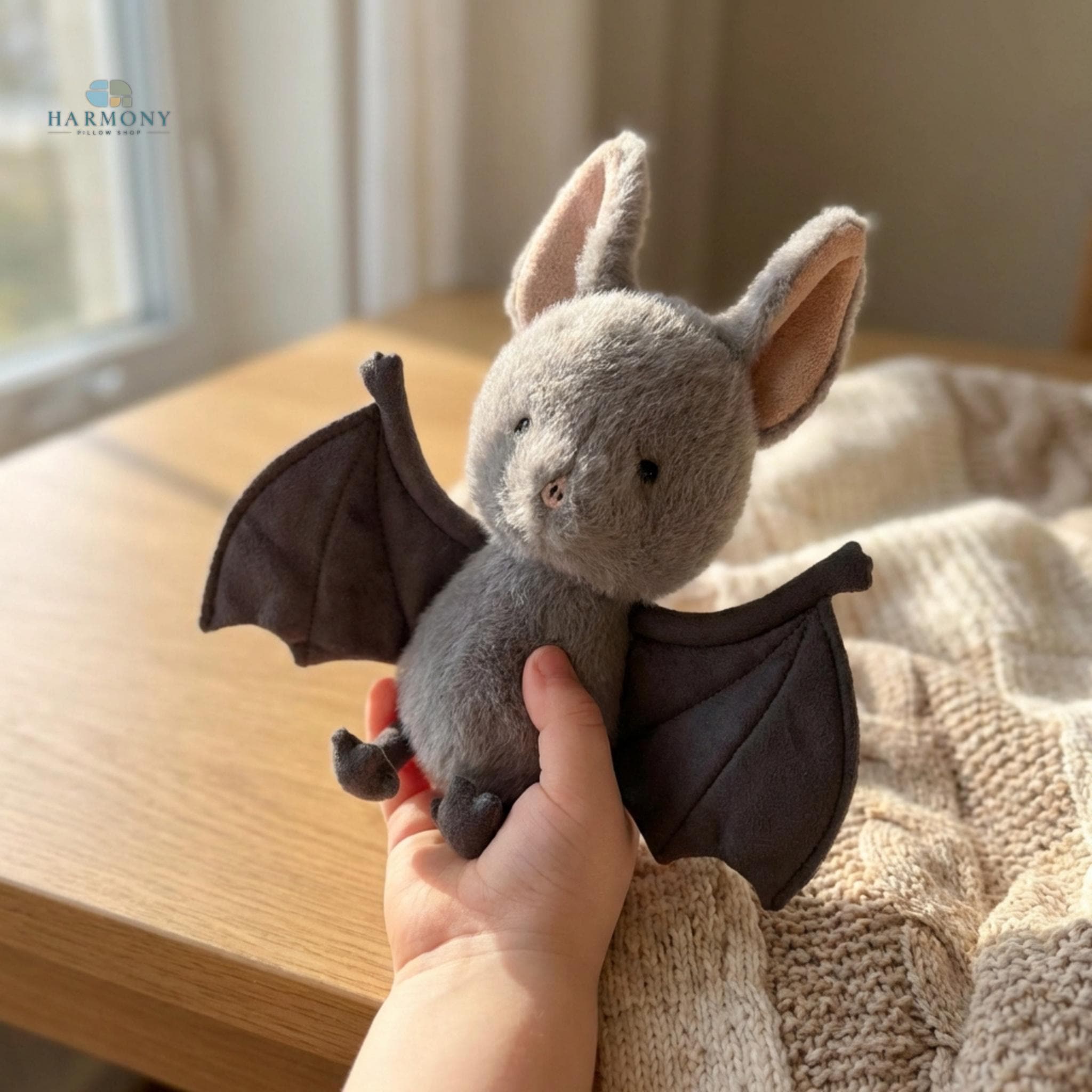 Grey Bat Plushie, Handmade Faux Fur Stuffed Animal, Gothic Decor