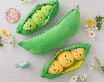 Peas in a Pod Plush Pillow, Zippered Kawaii Vegetable Toy