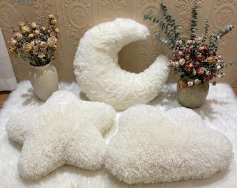 Faux Fur Celestial Pillow Set, Cloud Star Moon, Nursery Decor