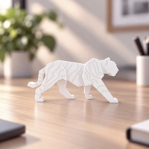 May include: A white tiger figurine featuring a geometric, faceted design with sharp, angular lines that define the body and tail. The sculpture is rendered in a solid matte white finish, showcasing a stylized, low-poly aesthetic in a walking pose.