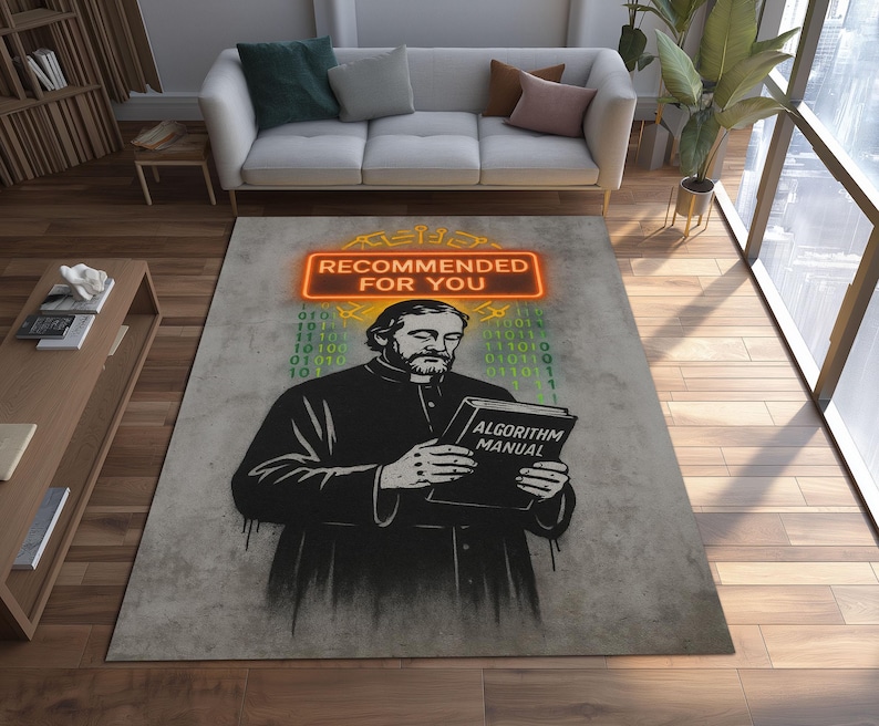 K&ouml;nnte beinhalten: Rechteckiger Teppich mit einer Grafik eines Mannes, der ein Buch mit dem Titel "ALGORITHM MANUAL" liest. Der Teppich hat einen grauen Hintergrund mit Bin&auml;rcode und einem Neonschild mit der Aufschrift "RECOMMENDED FOR YOU".