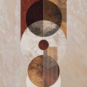 May include: Abstract geometric art print featuring a vertical arrangement of overlapping circles and rectangles in shades of brown, beige, and white. The artwork has a textured, speckled appearance, with a neutral background.