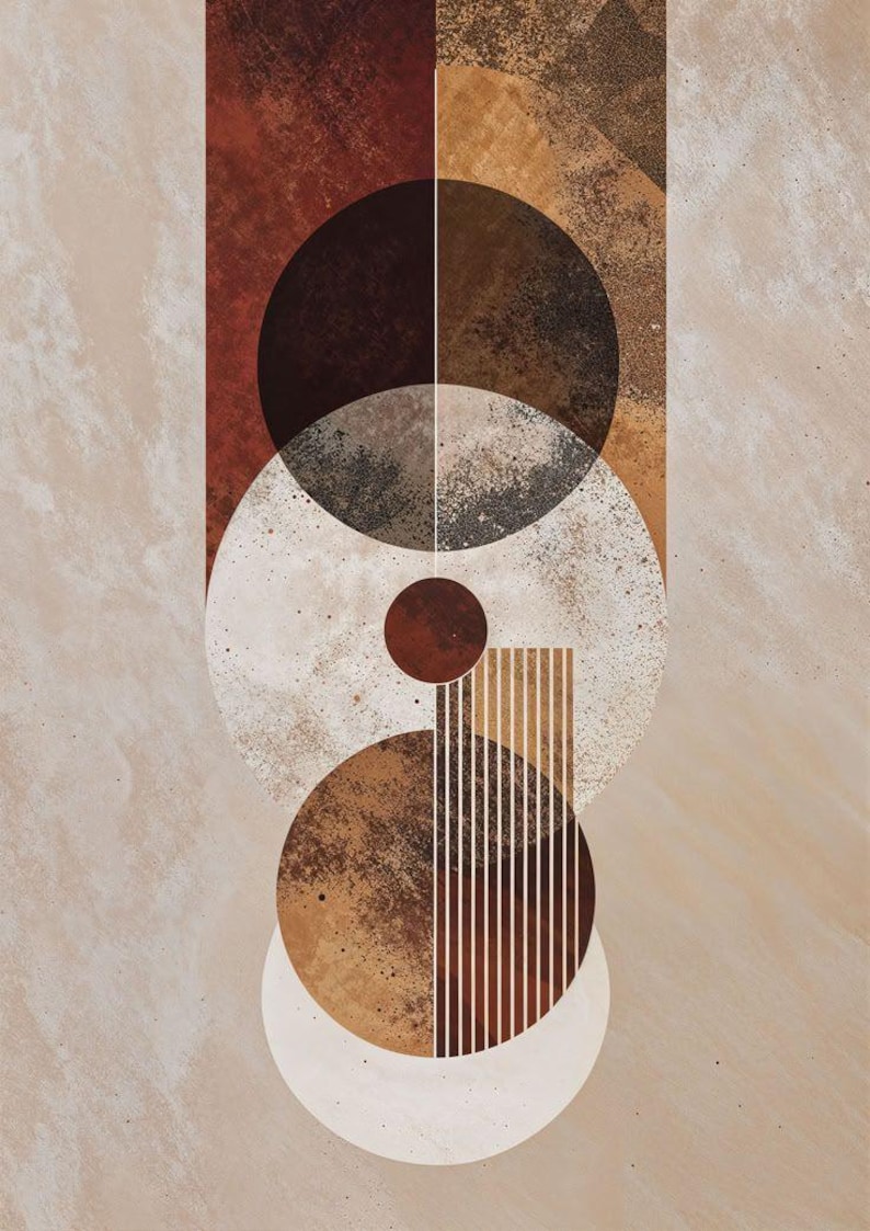 May include: Abstract geometric art print featuring a vertical arrangement of overlapping circles and rectangles in shades of brown, beige, and white. The artwork has a textured, speckled appearance, with a neutral background.
