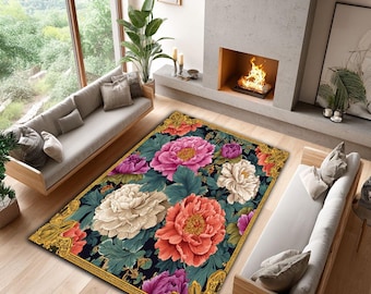Floral Theme Rug: Vibrant Colorful Botanicals, Living Room Decor