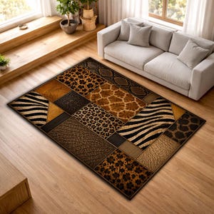 May include: A rectangular area rug featuring a patchwork design of various animal print patterns including zebra stripes, leopard spots, giraffe-like textures, and snakeskin motifs in shades of brown, black, tan, and gold on a flat surface.
