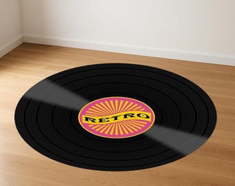 Retro Vinyl Record Round Rug – Black Record Design, Music Lover Carpet, Vintage Turntable Style Circle Rug for Cool Modern Rooms