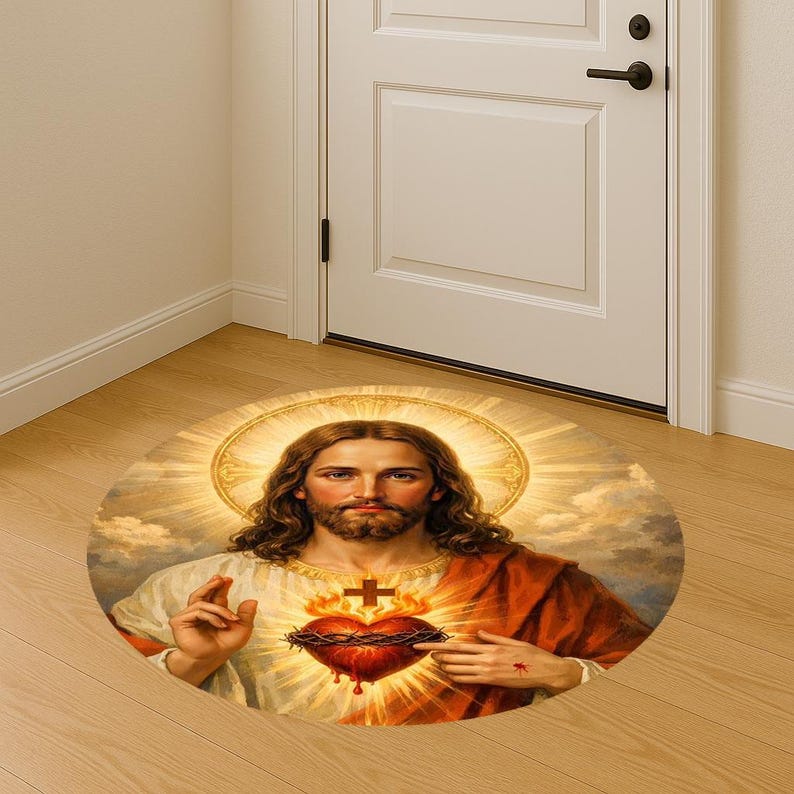 Custom Jesus Rug Sacred Heart Jesus Round Rug, Christian Religious Spiritual Decor ...