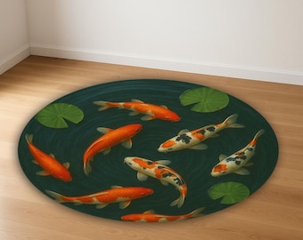 Koi Fish Pond Round Rug – Japanese Zen Garden Carpet