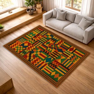 May include: A rectangular rug with a geometric pattern in red, yellow, green, and blue. The rug has a dark brown border and is on a wooden floor. A white sofa is placed above the rug. The rug is a decorative item.
