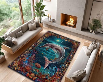 Dolphin Ocean Rug: Colorful Coral Reef, Nautical Home Decor