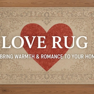 K&ouml;nnte beinhalten: Rechteckiger Teppich mit einem gro&szlig;en roten Herz in der Mitte. Der Teppich hat einen beigen Hintergrund mit einem dekorativen Rand. Die Worte "LOVE RUG" werden in gro&szlig;en wei&szlig;en Buchstaben &uuml;ber dem Herzen angezeigt, mit dem Text "BRING WARMTH & ROMANCE TO YOUR HOME" darunter.