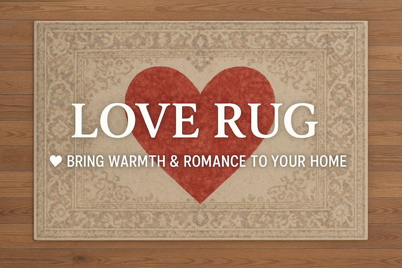 K&ouml;nnte beinhalten: Rechteckiger Teppich mit einem gro&szlig;en roten Herz in der Mitte. Der Teppich hat einen beigen Hintergrund mit einem dekorativen Rand. Die Worte "LOVE RUG" werden in gro&szlig;en wei&szlig;en Buchstaben &uuml;ber dem Herzen angezeigt, mit dem Text "BRING WARMTH & ROMANCE TO YOUR HOME" darunter.