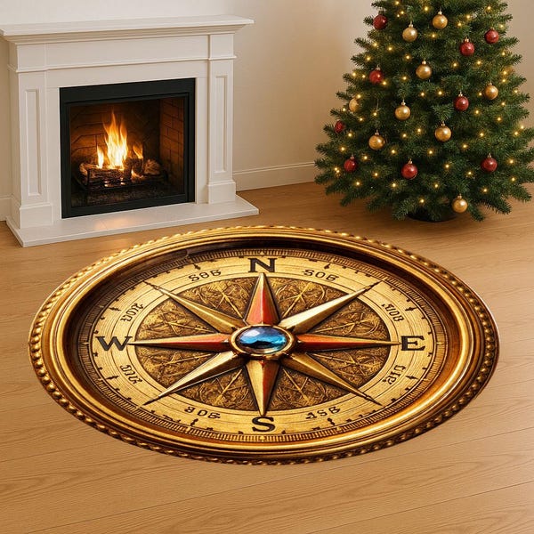 Vintage Compass Rose Round Rug, Antique Nautical Navigation Carpet, Travel Decor