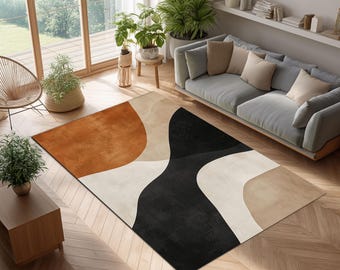 Minimalist Abstract Rug: Geometric Neutral Black Beige Brown Carpet