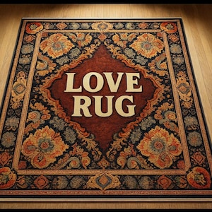 K&ouml;nnte beinhalten: Rechteckiger Teppich mit dunkelroter Mitte und dekorativem Rand. Der Teppich tr&auml;gt die Worte "LOVE RUG" in gro&szlig;en, cremefarbenen Buchstaben. Der Rand hat florale Muster in Orange-, Blau- und Goldt&ouml;nen.