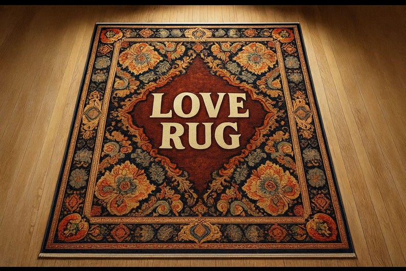 K&ouml;nnte beinhalten: Rechteckiger Teppich mit dunkelroter Mitte und dekorativem Rand. Der Teppich tr&auml;gt die Worte "LOVE RUG" in gro&szlig;en, cremefarbenen Buchstaben. Der Rand hat florale Muster in Orange-, Blau- und Goldt&ouml;nen.