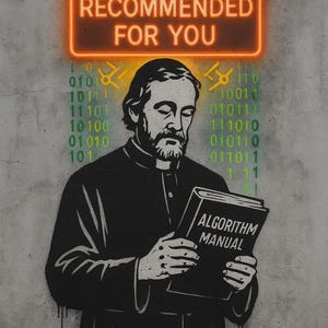 K&ouml;nnte beinhalten: Streetart-Bild eines Mannes in schwarzer Robe, der ein Buch mit dem Titel "ALGORITHM MANUAL" liest. &Uuml;ber ihm steht in einem Neonschild "RECOMMENDED FOR YOU". Bin&auml;rcode und Leiterplattengrafiken im Hintergrund.