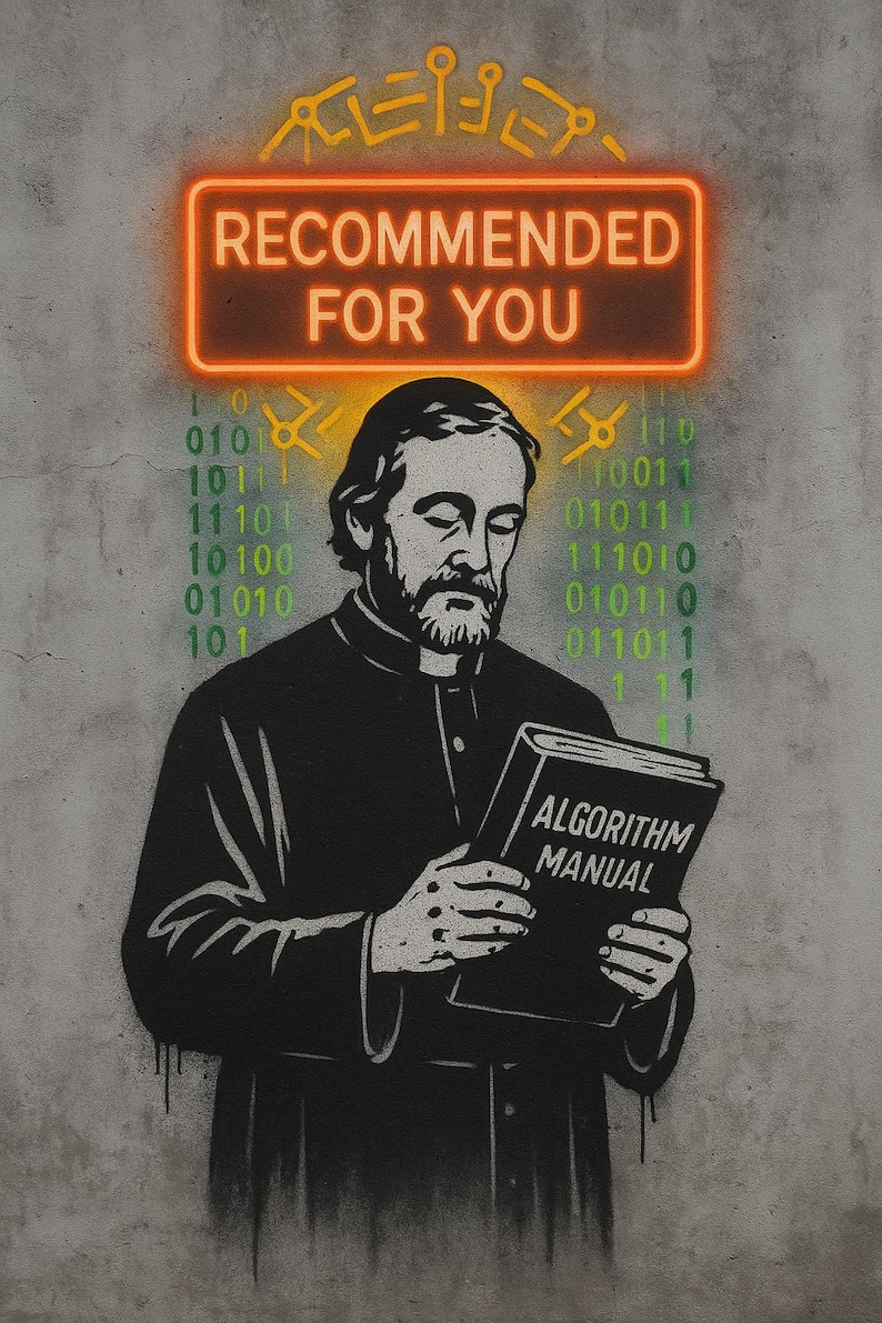 K&ouml;nnte beinhalten: Streetart-Bild eines Mannes in schwarzer Robe, der ein Buch mit dem Titel "ALGORITHM MANUAL" liest. &Uuml;ber ihm steht in einem Neonschild "RECOMMENDED FOR YOU". Bin&auml;rcode und Leiterplattengrafiken im Hintergrund.