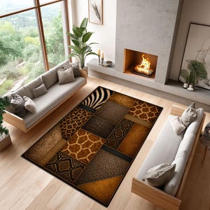 May include: A rectangular area rug featuring a patchwork design of various animal print patterns in shades of brown, tan, and black, including textures resembling snakeskin, giraffe spots, leopard spots, and zebra stripes arranged in geometric shapes.