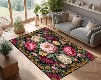 Floral Print Area Rug: Colorful Botanical Carpet, Boho Chic Decor