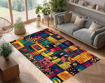 Abstract Geometric Area Rug: Vibrant Boho Tribal Art Carpet