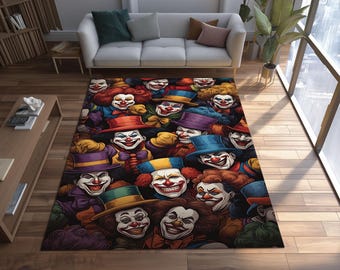 May include: A rectangular area rug featuring a repeating pattern of smiling clown faces. The clowns wear colorful hats, bow ties, and makeup. The rug's color palette includes red, purple, yellow, and blue.