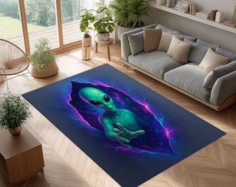 3D Alien Illusion Round Rug, Optical Illusion Purple Alien Carpet