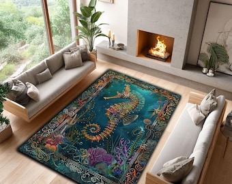 Seahorse Ocean Rug – Colorful Coral Reef Nautical Home Decor