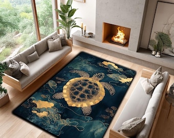 Golden Turtle-tapijt: nautisch oceaanleven, luxe goudpatroon