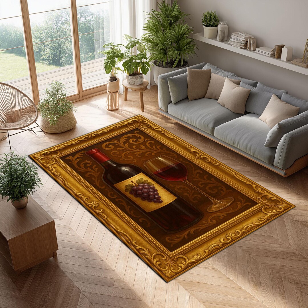 Luxury Wine Rug: Photorealistic Bottle & Glass, Baroque Gold Frame - Etsy