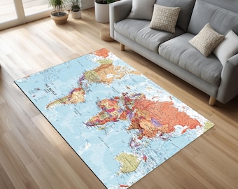 May include: A rectangular area rug featuring a detailed world map design. The rug has a light blue background with continents in shades of orange, brown, and green. The text "THE WORLD" is visible. The rug is placed on a wooden floor.