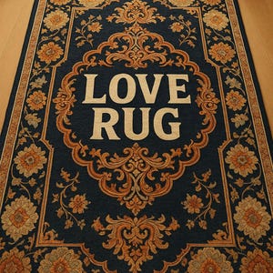 K&ouml;nnte beinhalten: Rechteckiger Teppich mit marineblauem Hintergrund und einem verzierten, goldenen Blumendesign. Der Teppich tr&auml;gt die Worte "LOVE RUG" in gro&szlig;en, beigen Buchstaben. Der Rand ist in einer komplement&auml;ren Goldfarbe gehalten.