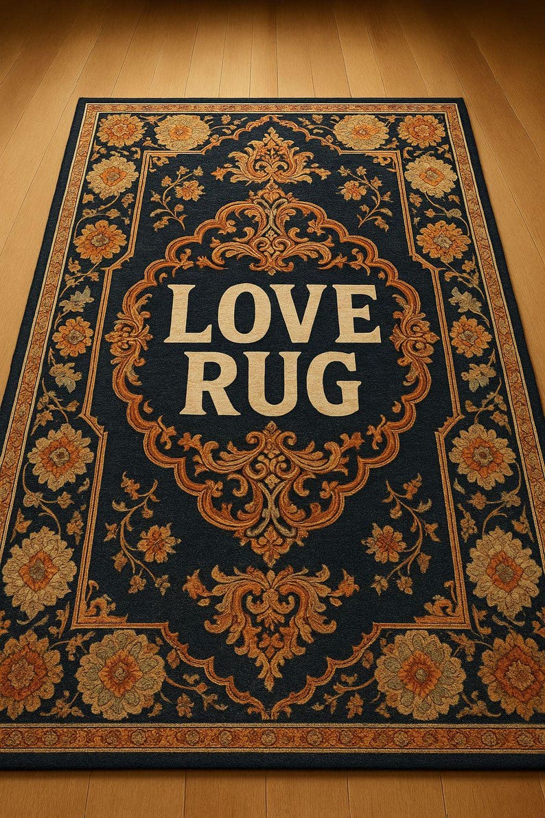 K&ouml;nnte beinhalten: Rechteckiger Teppich mit marineblauem Hintergrund und einem verzierten, goldenen Blumendesign. Der Teppich tr&auml;gt die Worte "LOVE RUG" in gro&szlig;en, beigen Buchstaben. Der Rand ist in einer komplement&auml;ren Goldfarbe gehalten.