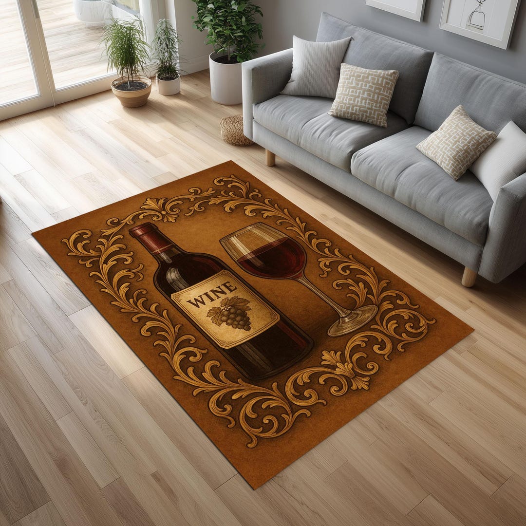 Luxury Wine Rug: Red Wine Bottle & Grapes, Baroque Gold Frame - Etsy