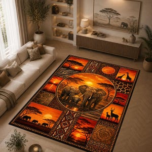 May include: A rectangular area rug featuring a central circular panel with elephants at sunset, surrounded by rectangular and square sections displaying African wildlife silhouettes, acacia trees, and geometric patterns in shades of orange and black.