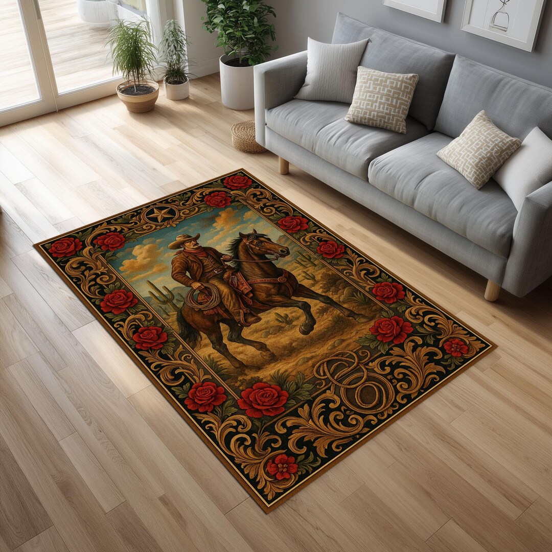 Vintage Western Cowboy Rug: Roses, Horse Design, Rustic Home Decor - Etsy