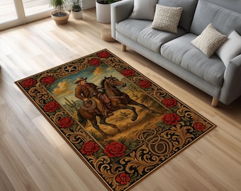 Vintage Western Cowboy Rug: Roses, Horse Design, Rustic Home Decor