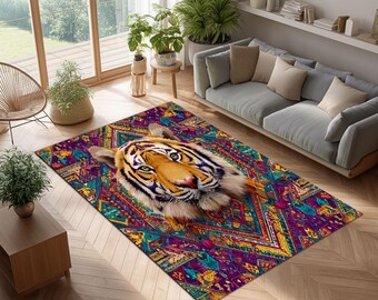 Tiger Area Rug: Vibrant Polygon Geometric Print, Wildlife Jungle Theme