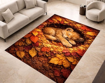 Tapis 3D lionceau, tapis illusion de feuilles d'automne, tapis de sol confortable animalier profond