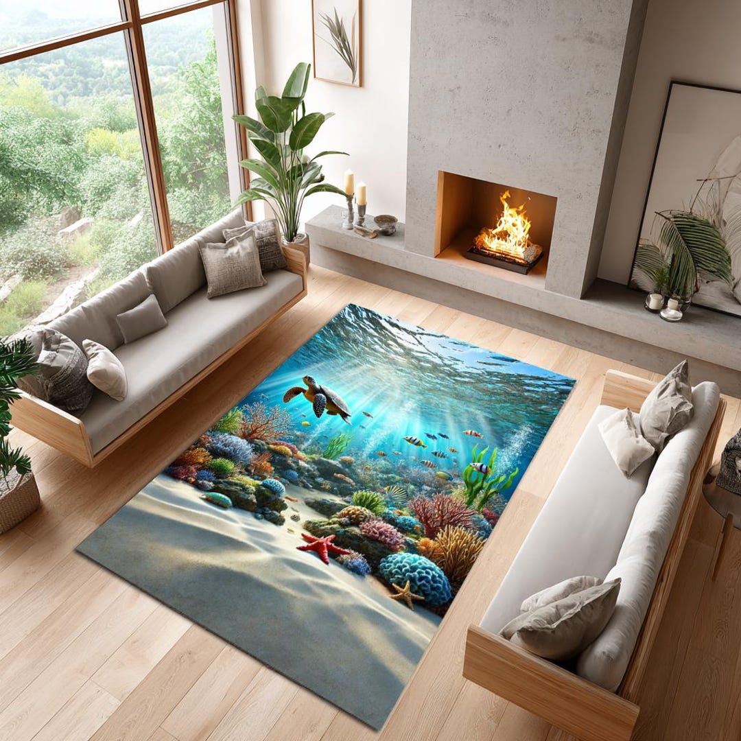 Fairpoint Sea Rug Sea Turtle Reef Area Rug, Tropical Underwater Coral Garden Decor - Etsy