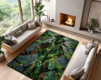 Jungle Floor Rug, 3D Crack Illusion, Tropical Greenery Decor