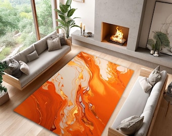 Orange Marble Pattern Rug: Modern Washable Carpet