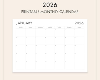 Calendrier mensuel 2026 imprimable, formats A3 A4 (téléchargement numérique)