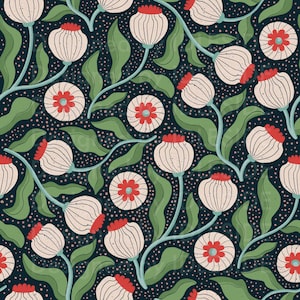 May include: A seamless pattern featuring stylized flowers and leaves. The design includes white, striped flower buds with red accents, green leaves, and light blue stems, set against a dark blue background with small pink dots. The floral pattern is repeated across the image.