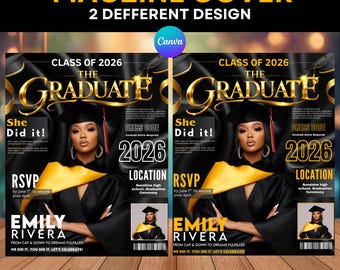 May include: Magazine cover design with a black and gold theme. The text reads "MAGZINE COVER" and "2 DIFFERENT DESIGN". The cover features a graduate in a cap and gown, with text that says "CLASS OF 2026 THE GRADUATE".
