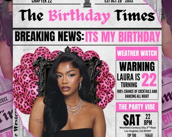 May include: A birthday-themed newspaper design with the headline "The Birthday Times." The image features a woman's portrait, surrounded by pink leopard-print balloons. Text includes "Breaking News: It's My Birthday" and party details.