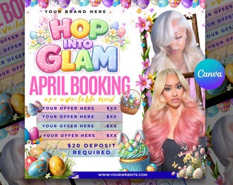 April Booking Flyer, Easter special flyer, Hop into Glam, Canva Template, Instant Digital Download, Service Promotion