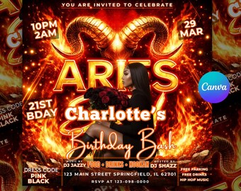 May include: A fiery orange and gold invitation for Charlotte's 21st birthday bash. The design features the word "Aries" in gold, a woman, and the text "Birthday Bash". The dress code is pink and black. The party is from 10 PM to 2 AM.
