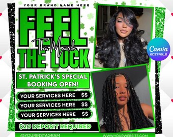May include: Green and white St. Patrick's Day promotional graphic with the text "FEEL THE LUCK" and "ST. PATRICK'S SPECIAL BOOKING OPEN!". Includes two photos of women and the text "YOUR SERVICES HERE".