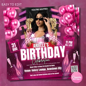 Pink Birthday Party Flyer: Sagittarius Celebration, Canva Editable (Digital Download)